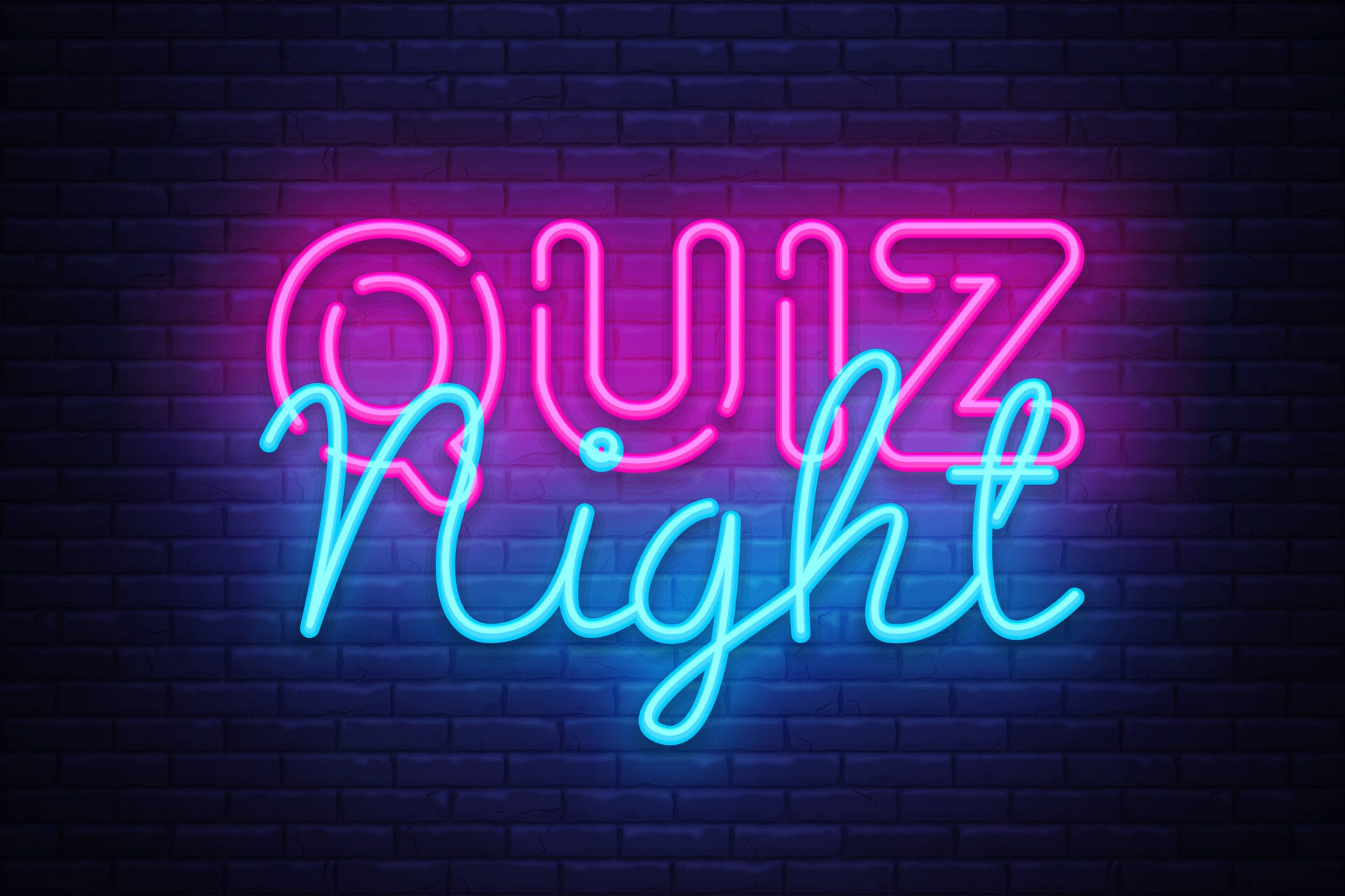 Quiz night announcement poster vector design template. Quiz night neon signboard, light banner. Pub quiz held in pub or bar, night club. Pub team game. Questions game bright retro light sign. Vector.